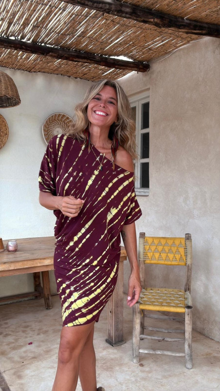LIRIO burdeos/limón tie dye, vestido corto asimétrico
