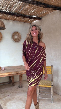 LIRIO burdeos/limón tie dye, vestido corto asimétrico