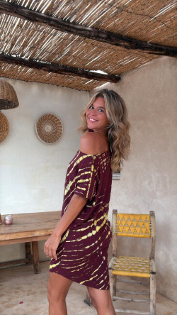 LIRIO burdeos/limón tie dye, vestido corto asimétrico