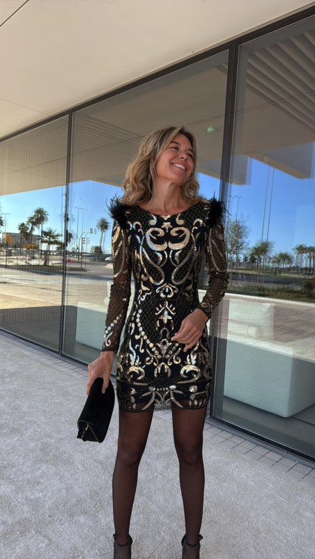 DAMA vestido pluma negro/oro DRESS CODE