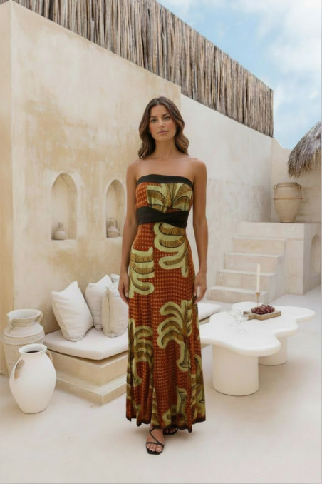 AZORES palmeras burdeos/verde, vestido largo