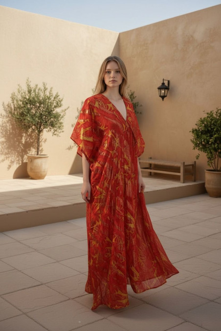 LIDIA mostaza/rojo, vestido largo